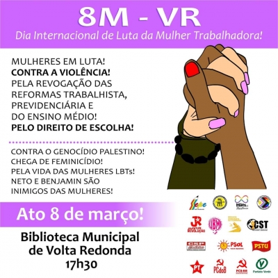 Em Volta Redonda, 8M acontece se concentra em frente &agrave; Biblioteca Municipal nesta sexta (08)