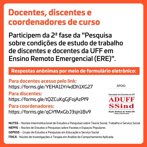 Aduff e pesquisadores convidam para 2ª fase do levantamento sobre condições de estudo e de trabalho na UFF durante a pandemia