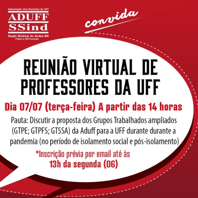 Aduff convoca docentes para reuni&atilde;o virtual na pr&oacute;xima ter&ccedil;a-feira (07)
