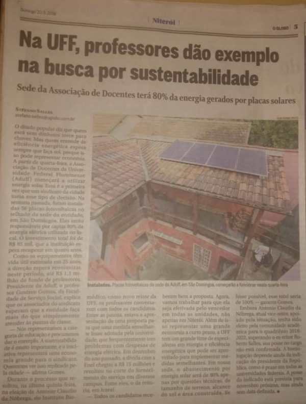 Jornal &#039;O Globo&#039; publica reportagem sobre investimento da ADUFF em energia sustentável