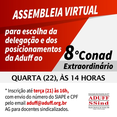 Aduff convoca assembleia virtual para eleger delega&ccedil;&atilde;o e tirar posicionamentos ao 8&ordm; Conad Extraordin&aacute;rio