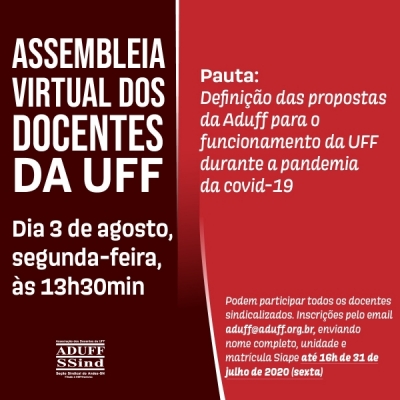 Prazo de inscri&ccedil;&otilde;es para assembleia da Aduff vai at&eacute; 16 horas desta sexta (31)