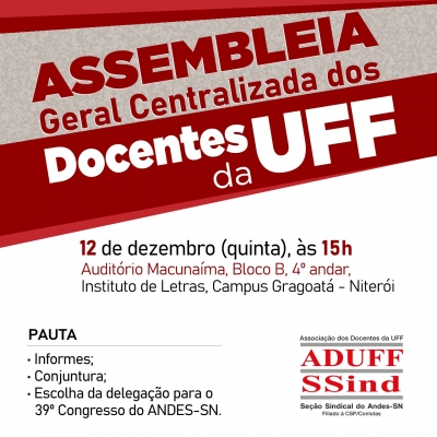 Aduff convida para Assembleia Geral Centralizada na próxima quinta (12), em Niterói